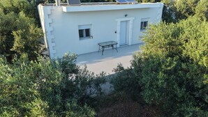 Un bâtiment blanc doté de panneaux solaires, une petite table et une porte, le tout entouré d’une végétation luxuriante.