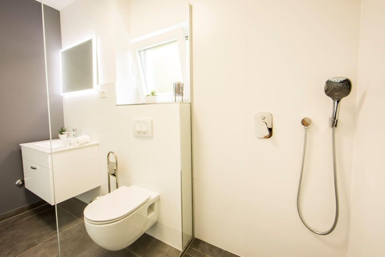 A modern bathroom with a toilet, a shower, and a vanity with a mirror.