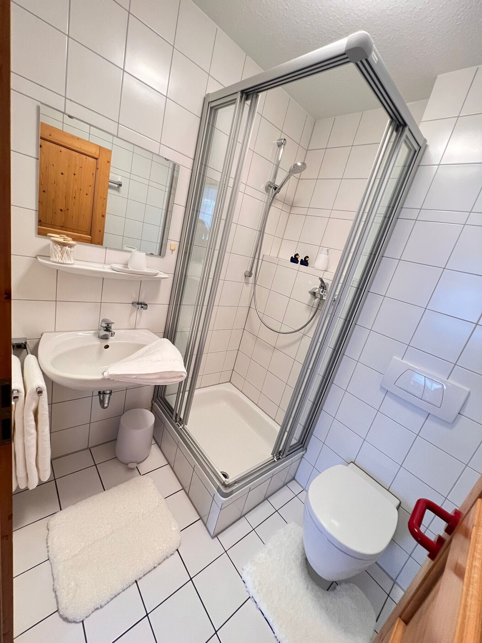 Dusche, Haartrockner, Handtücher, Toilettenpapier