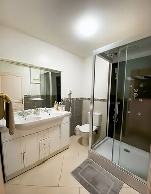 Comfort Suite, Private Bathroom, City View | Bathroom | Shower, hair dryer, towels, toilet paper - La Rose du Château (Lourdes)