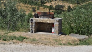 A stone structure with a metal basin and a stone bench, surrounded by olive trees and dry grass. - La Torre – Panoramic Apartment in Farmhouse with Pool (Pelago)