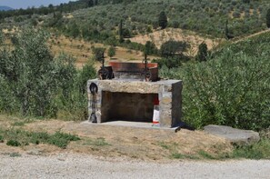 A stone structure with a metal basin and a stone bench, surrounded by olive trees and dry grass. - La Torre – Panoramic Apartment in Farmhouse with Pool (Pelago)