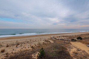 A beach with a sandy path leading to the water, a wooden fence, and sparse vegetation. - Remodel 2BD/2 bath direct Ocean Front condo  with outdoor pool (Ocean City)
