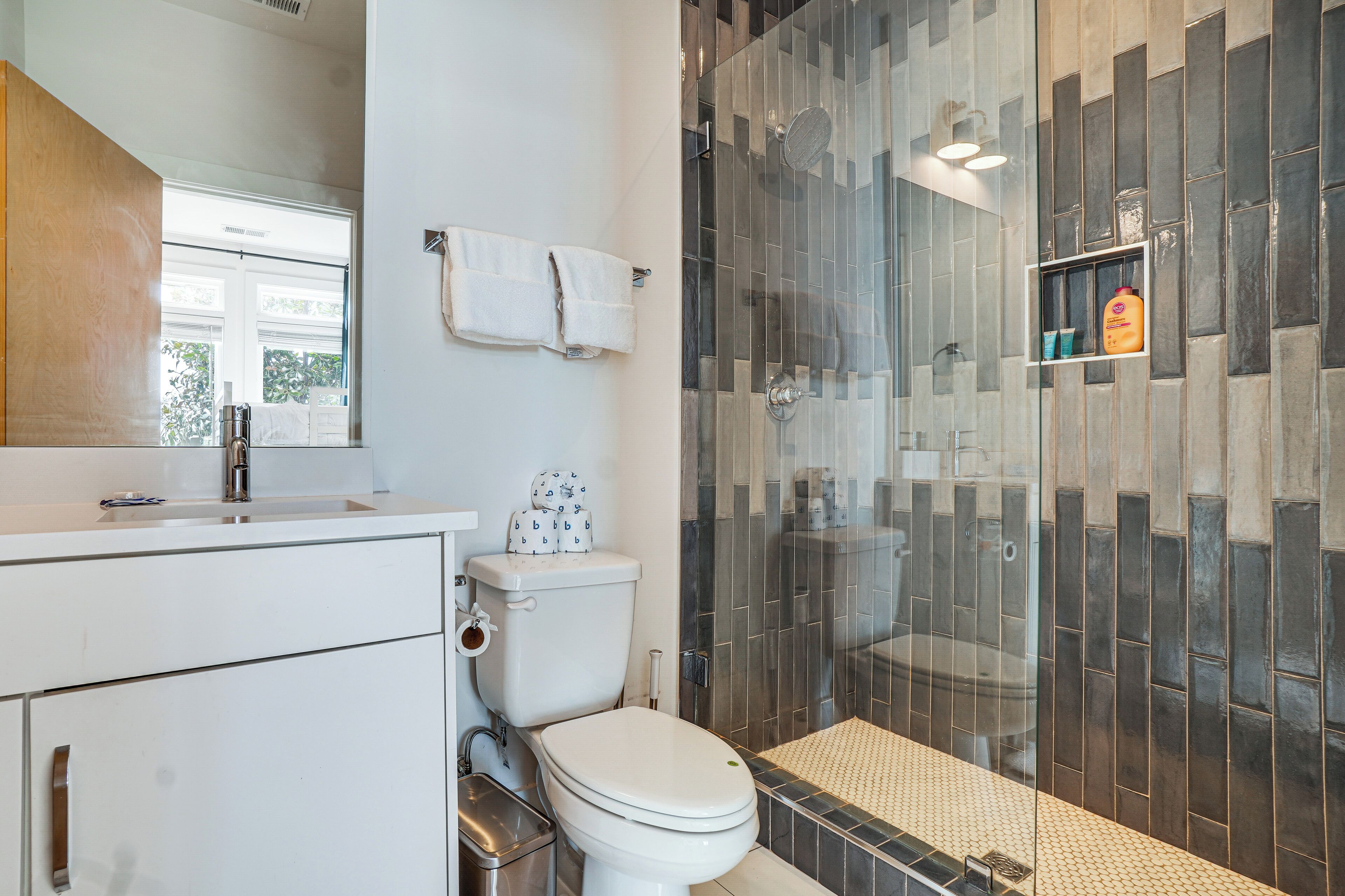 A modern bathroom with a glass shower enclosure, a white toilet, and a sink with a mirror above it.