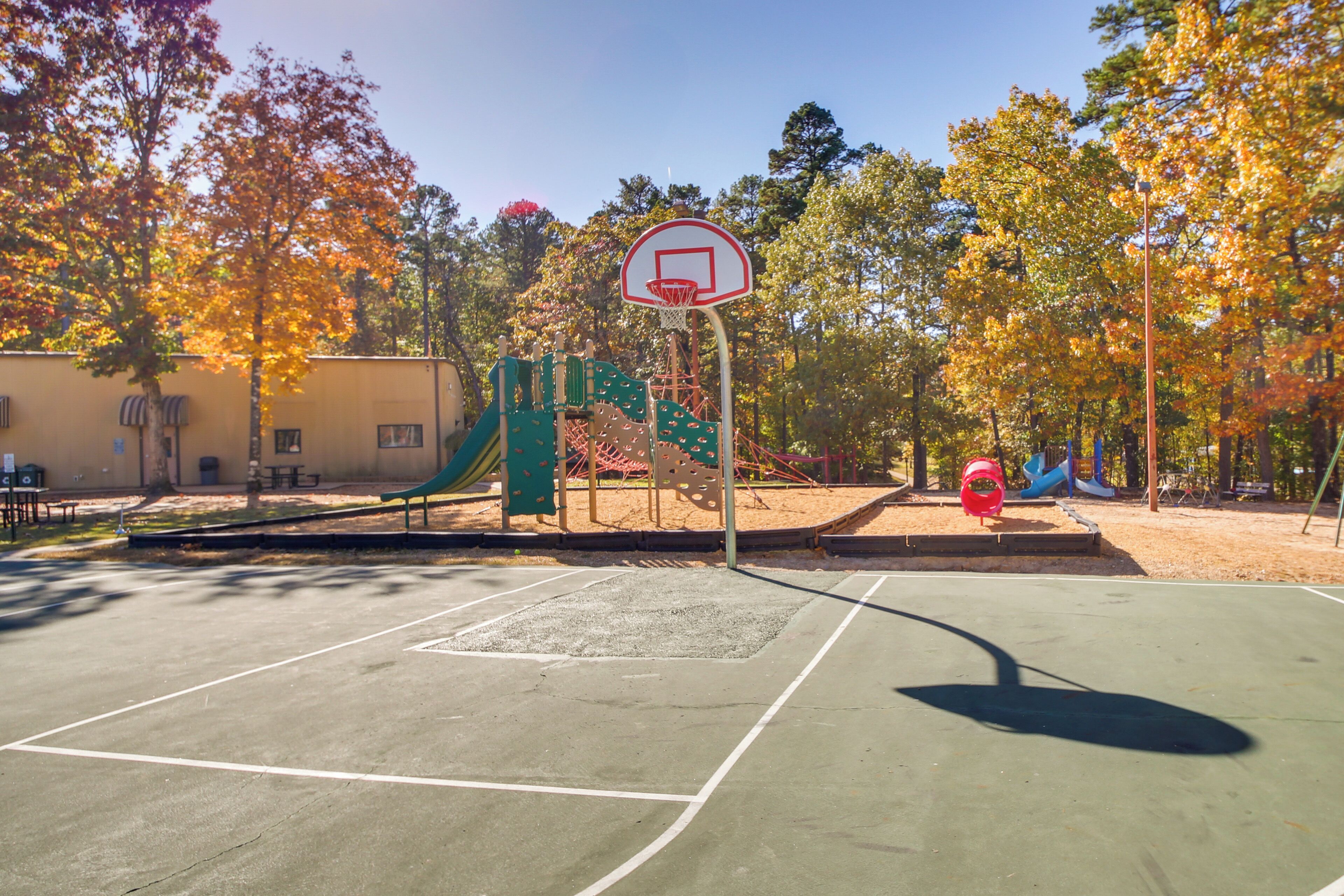 Un terrain de basket en plein air doté d’une surface verte, entouré d’arbres aux feuilles d’automne, une aire de jeux avec des toboggans et un bâtiment à la façade jaune.
