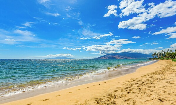 Ein Strand mit klarem, blauem Wasser, einem Sandufer und einem Berg im Hintergrund.