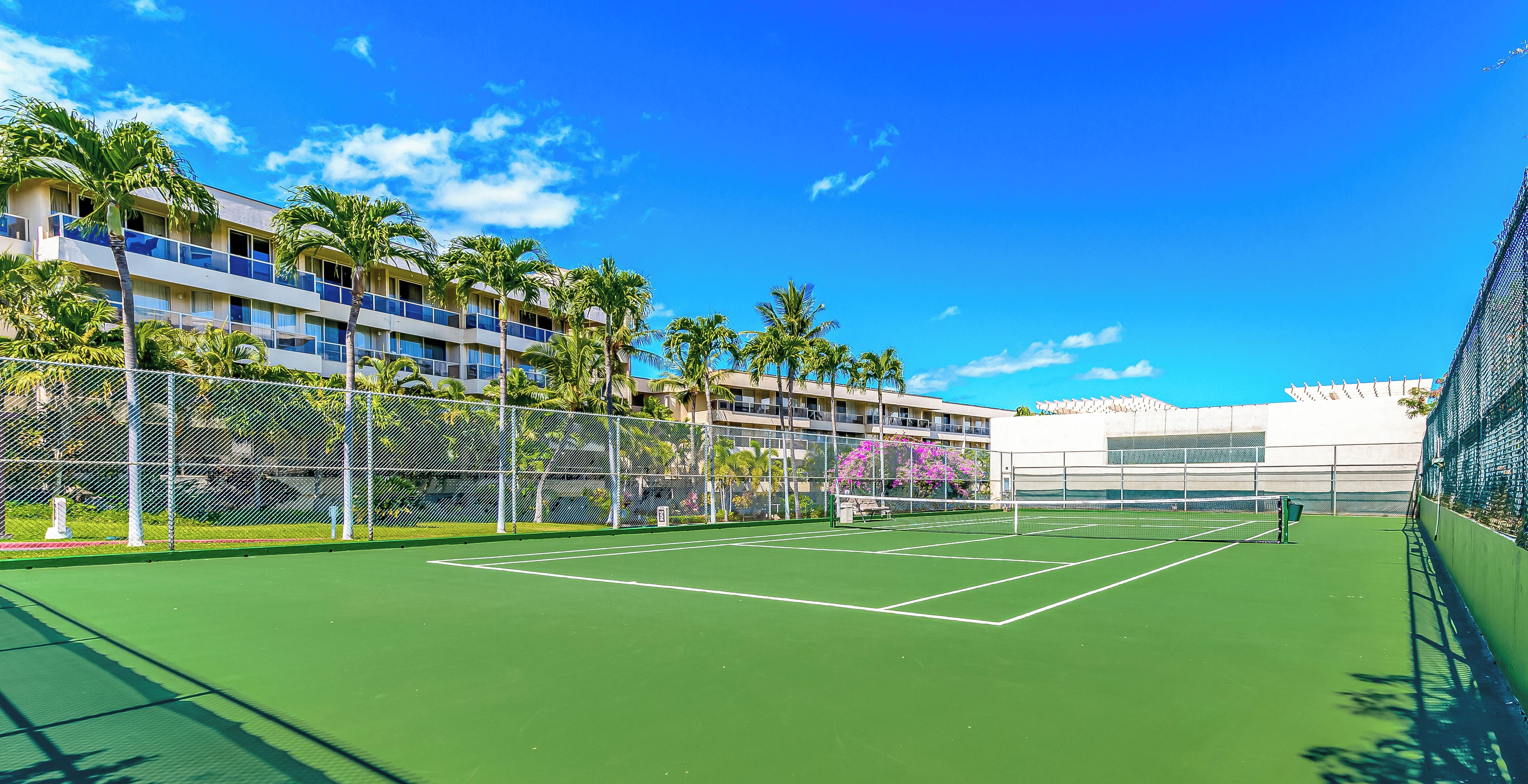 En tennisbane med net, omgivet af et hegn, og ved siden af en bygning med altaner og palmer.