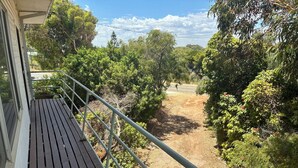 A wooden deck with metal railings overlooking a dirt path and dense greenery.