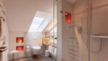 Panoramic Double Room | Bathroom | Shower, hair dryer, soap, shampoo