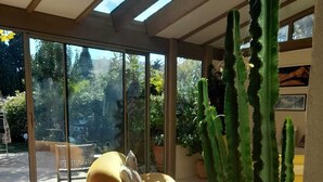 Un interior moderno con un sillón de peluche amarillo, una gran planta de cactus y un ventanal de vidrio que da a un espacio exterior con un banco y follaje.