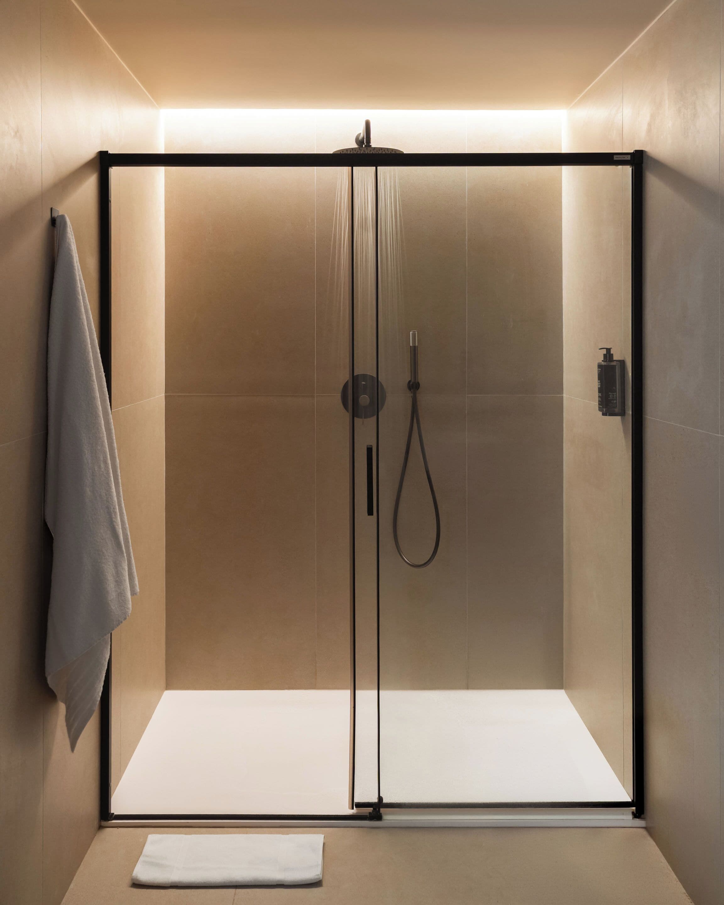 A modern shower enclosure with a glass door, a towel rack, and a handheld showerhead.