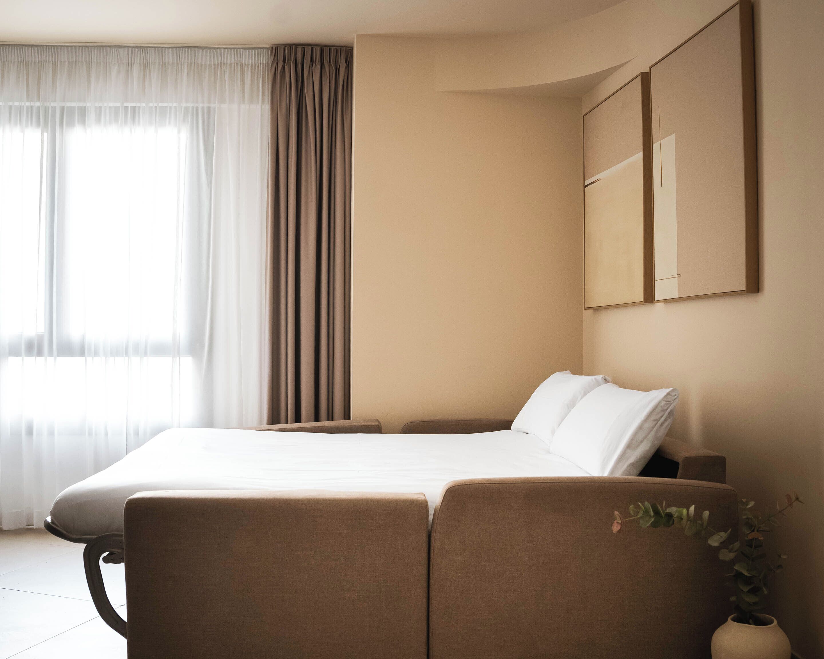 Una habitación de hotel con una cama, un escritorio, una silla, una planta en maceta y un gran ventanal con cortinas.