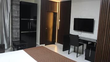 Desk, laptop workspace, blackout curtains, soundproofing