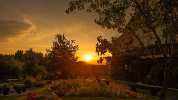 Een zonsondergang met een tuinpad, bomen en een gebouw.