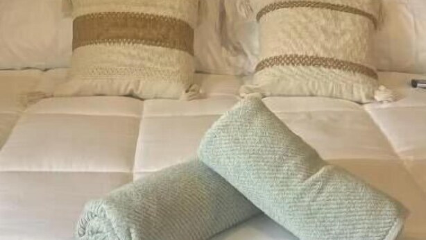 Una cama bien hecha con ropa blanca y dos almohadones decorativos.