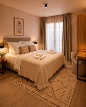 A neatly arranged hotel room with a bed, bedside tables, a desk, and a window with curtains. - Le Marron (Voio)