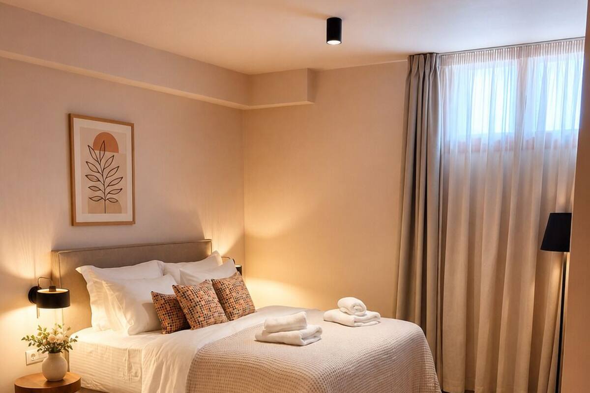 A neatly arranged bedroom with a bed, bedside table, lamp, and a decorative wall piece.