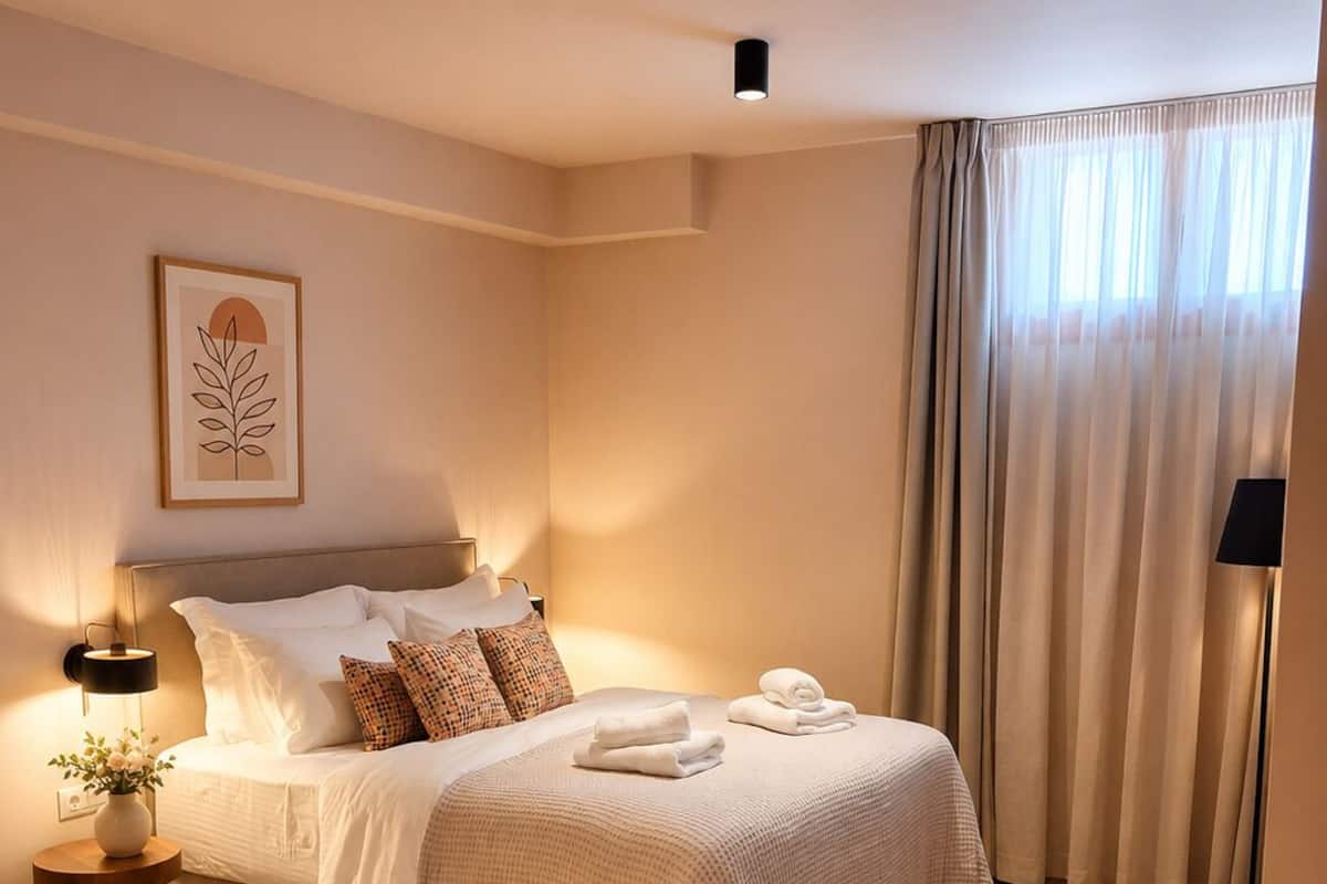 A neatly arranged bedroom with a bed, bedside table, lamp, and a decorative wall piece.