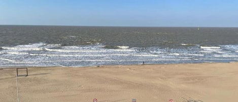 En strand med en sandstrand, ett metallräcke och några skyltar.