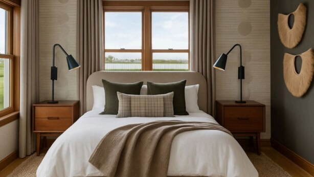 Quarto com cama grande, duas mesas de cabeceira com luminárias, vista pela janela e parede com detalhes de madeira decorativa.