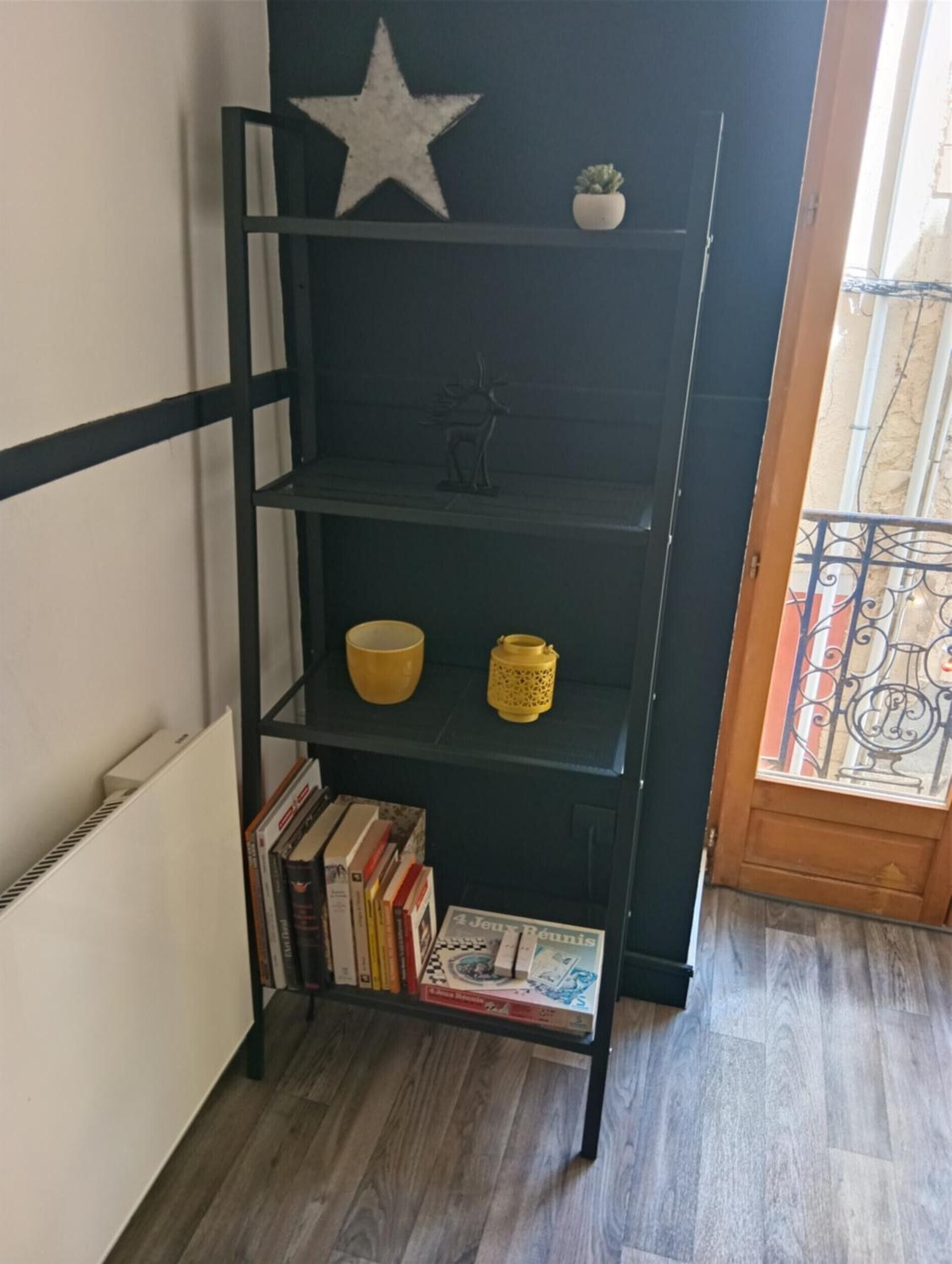 Ein Bücherregal mit Dekoration, einem Stern, einer kleinen Pflanze und Büchern.