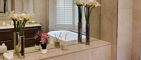 Hair dryer, bidet, towels, soap