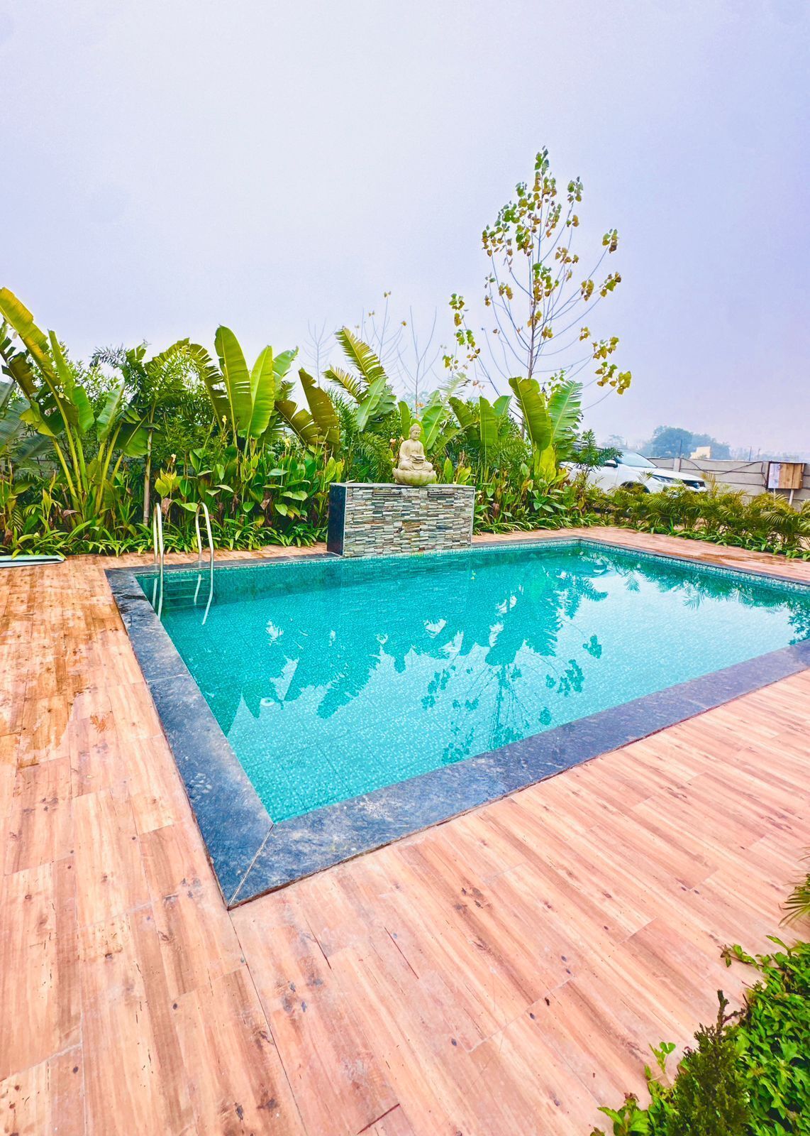 Piscina rectangular con borde de piedra, rodeada de cubiertas de madera y exuberante vegetación tropical.