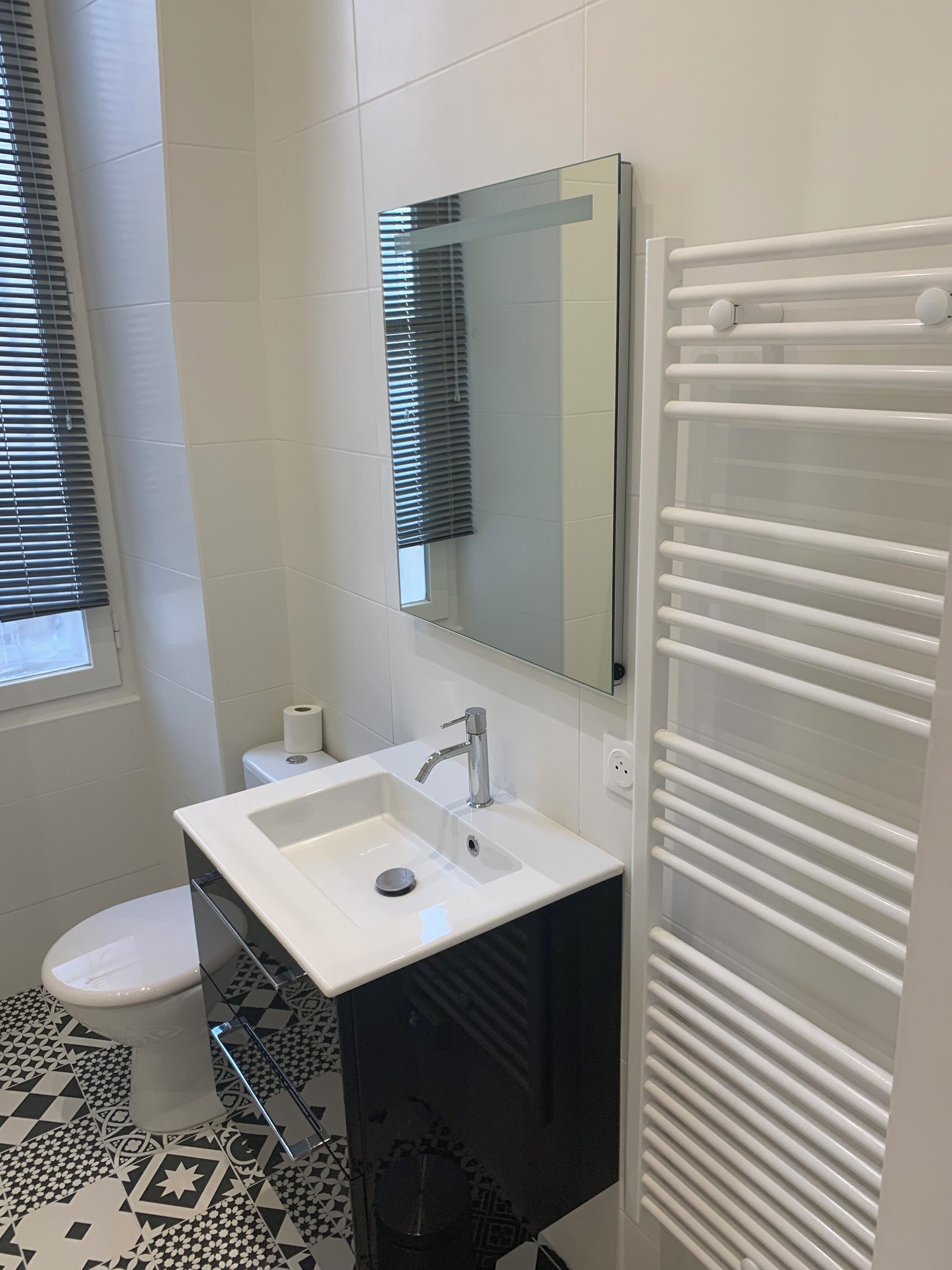 Regadera, secadora de cabello, toallas, papel de baño 