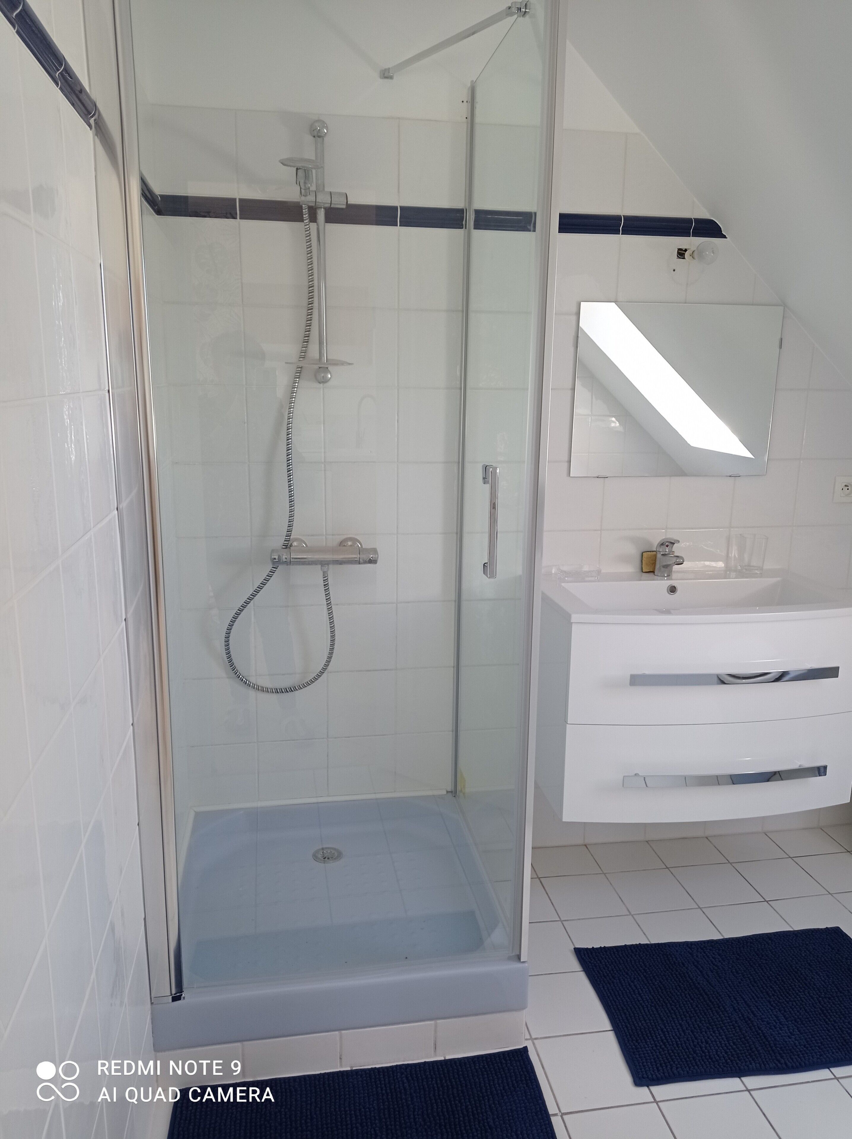 Chuveiro, secador de cabelo, toalhas de banho 