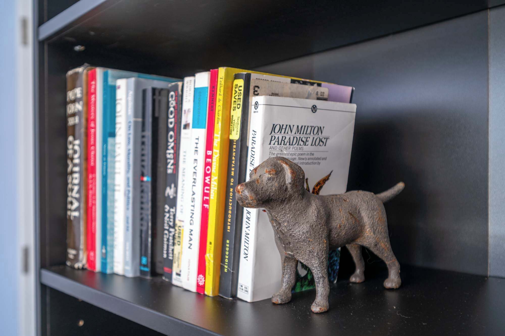 A bookshelf with various books and a small dog figurine.