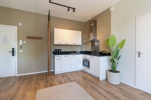A modern kitchen with white cabinets, a black countertop, and a stainless steel range hood. There is a wooden floor and a potted plant on the right.