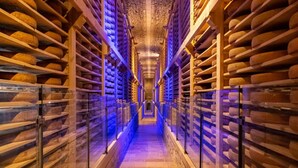 A long, narrow corridor with shelves on both sides, leading to a central point. - Spacious Studio, Quiet and Central (Les Rousses)