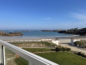 Une vue sur la côte, avec un rivage rocheux, une promenade en bois et une zone herbeuse.