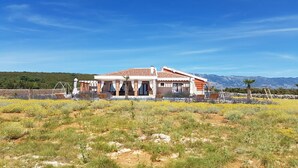 Una casa de dos pisos con techo de tejas rojas, fachada de ladrillo y un jardín con flores amarillas.