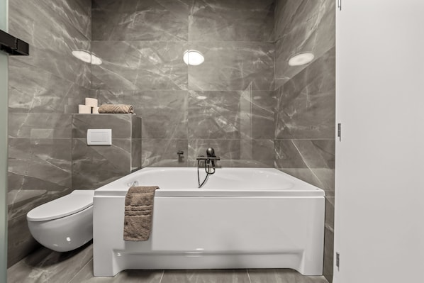 Hair dryer, towels, toilet paper