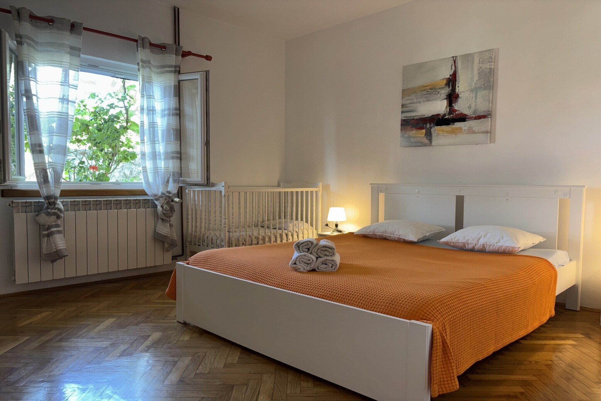 1 bedroom, iron/ironing board, travel crib