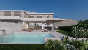 Ein modernes Haus mit Swimmingpool, Sitzgelegenheiten im Freien und einem gepflegten Garten.