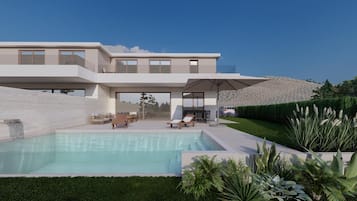 Alberca al aire libre por temporada y sombrillas en la alberca