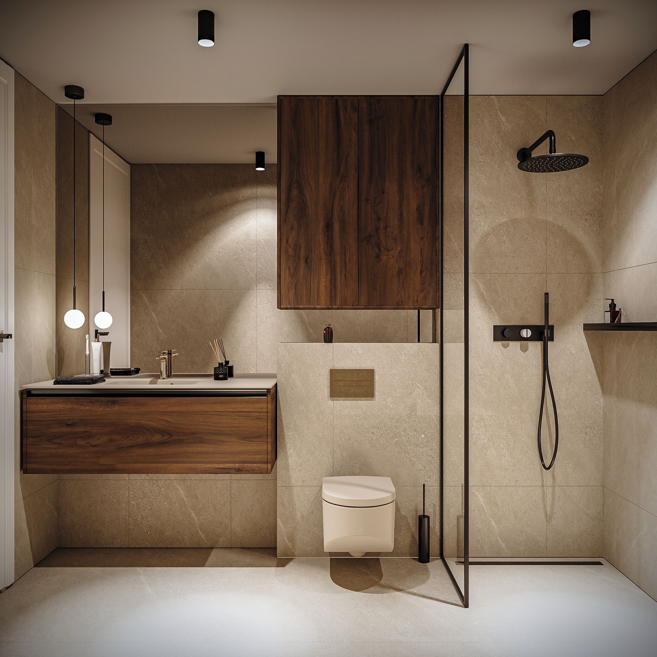 Shower, pengering rambut, lantai berpemanas, dan handuk