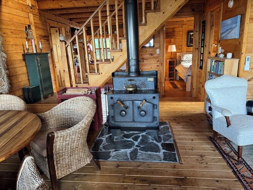 Log chalet on a high bluff overlooking the Atlantic Ocean