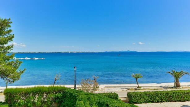 A coastal view with a clear blue sea, a sandy beach, and a few palm trees. - Seaside Tranquil Stay for 4 (Vir)