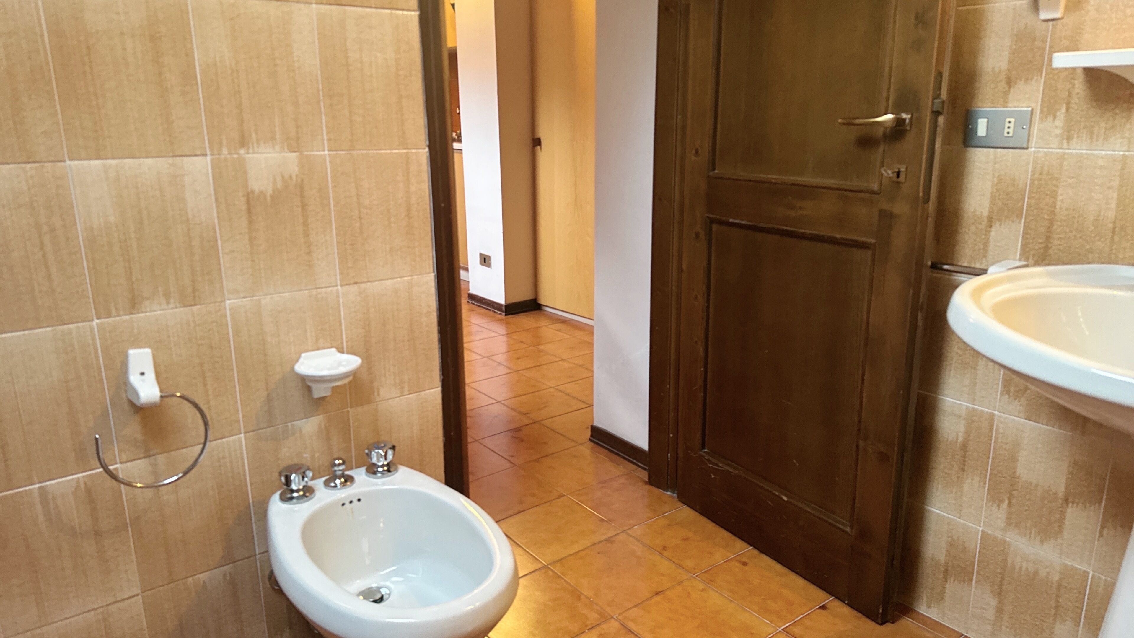 Une salle de bain équipée d’un bidet, d’un lavabo et d’une porte en bois.