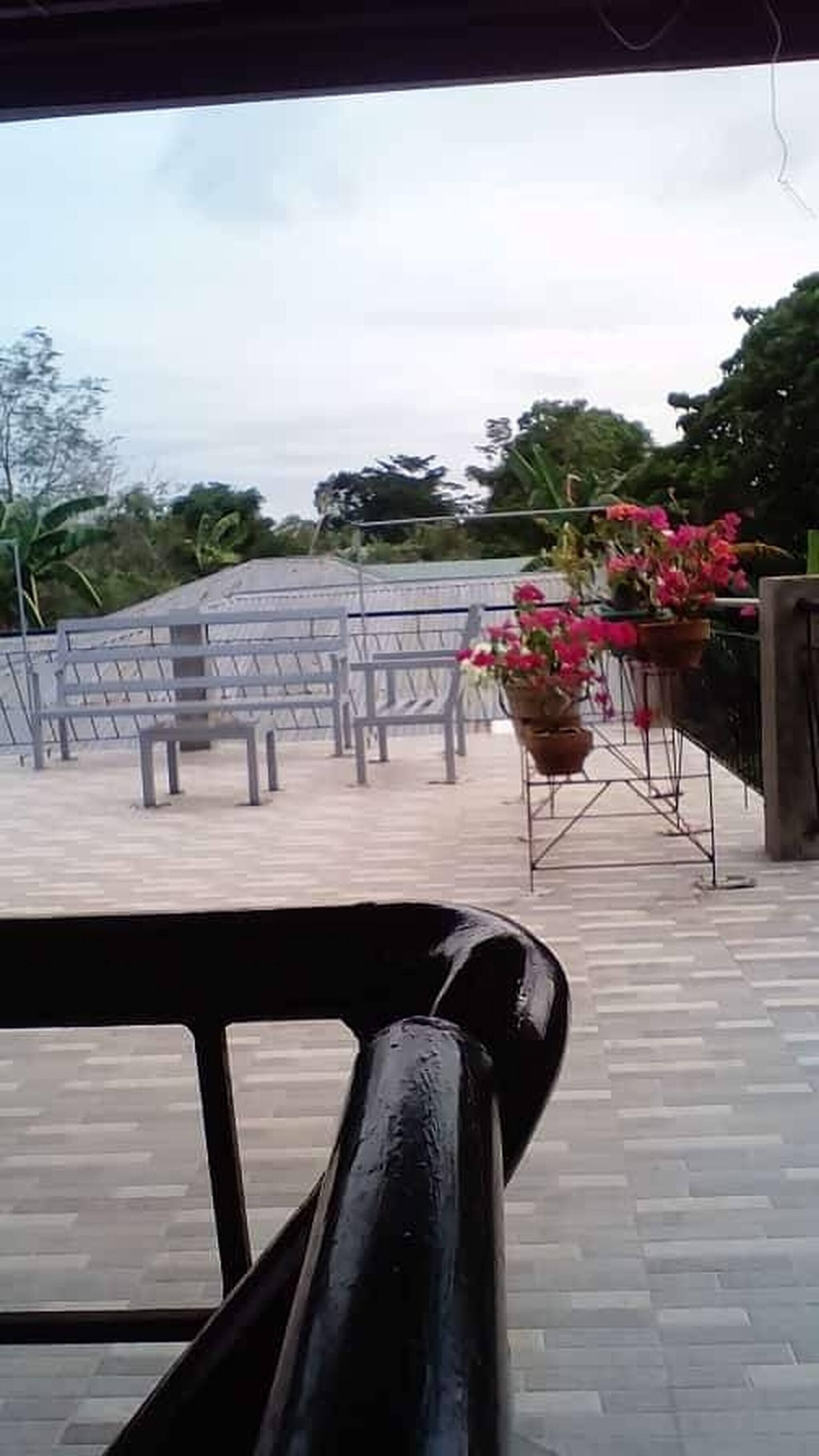 Un espace extérieur aménagé avec des bancs et des plantes en pot.