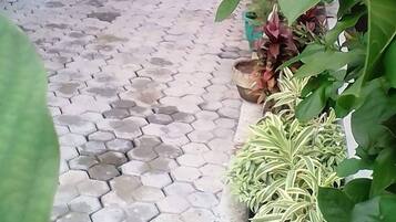 Un sendero pavimentado que atraviesa un jardín con plantas en macetas y abundante vegetación.