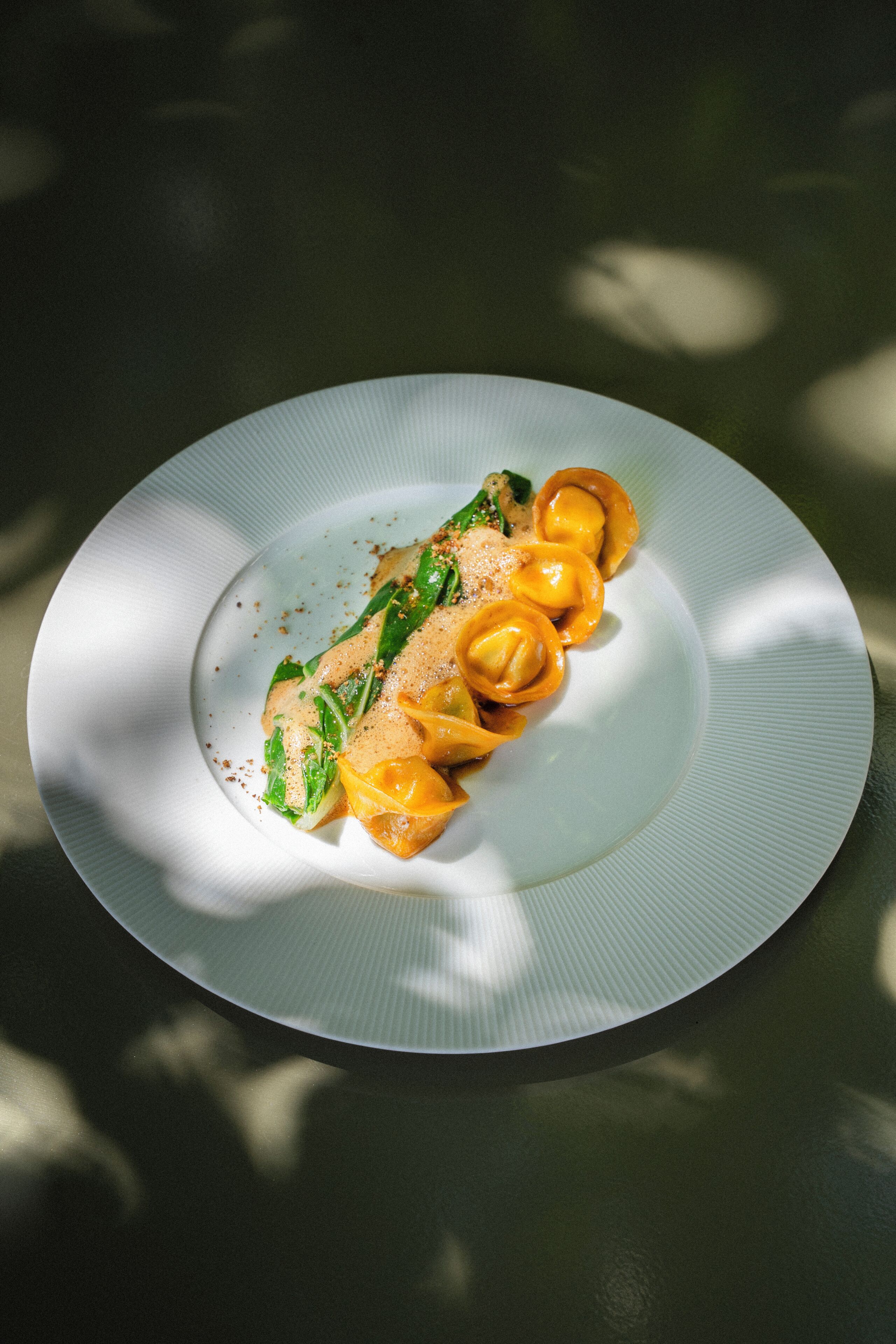 A plate of ravioli with sauce and greens on a white plate.