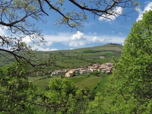 Ein ländliches Dorf mit traditioneller Architektur, umgeben von üppiger Vegetation und Hügeln.