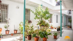 A spacious courtyard with multiple potted plants and a white building with balconies. - El Patio del Mar by Cadiz Time (Cádiz)