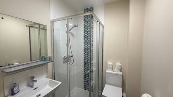 Shower, hair dryer, towels