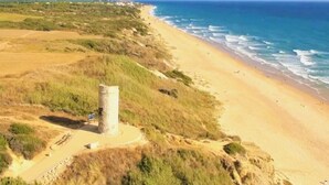 Eine Küstenlandschaft mit Sandstrand und einer grasbewachsenen Hügelkuppe.