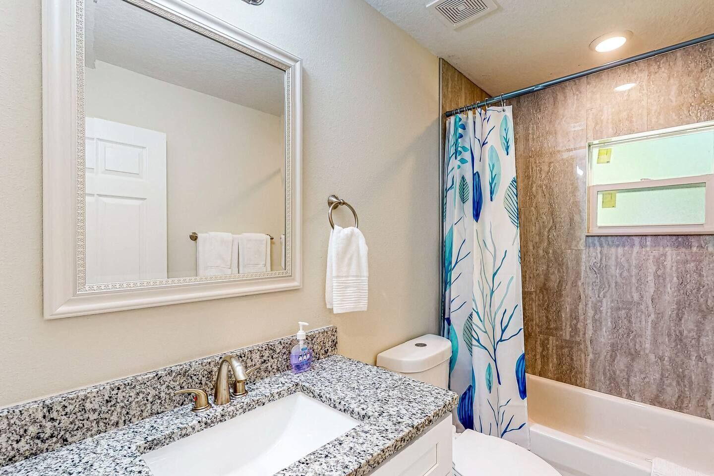 Hair dryer, towels, soap, shampoo